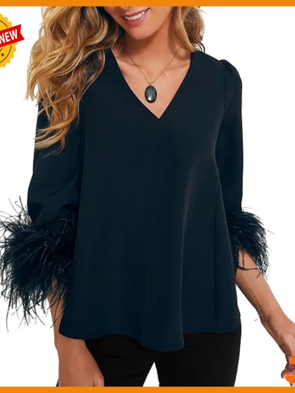 Women's Black V-Neck Blouse with Feather Cuffs